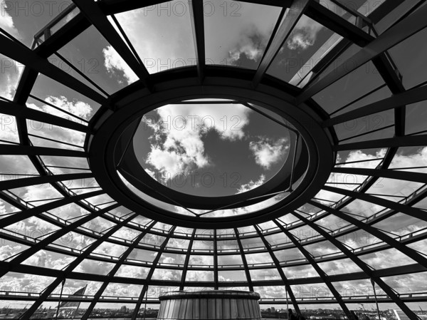 Roof construction of the Reichstag dome in Berlin, black and white, Berlin, Germany