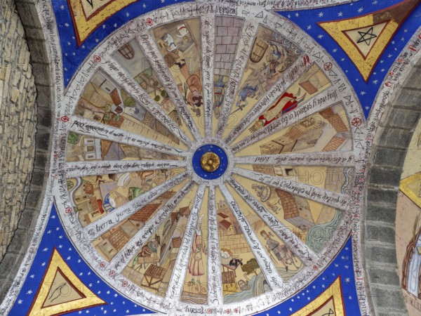 Mural painting representing life in the medieval town, 20th century, Parish Church of Our Lady of the Assumption, Artziniega, Alava, Basque Country, Spain