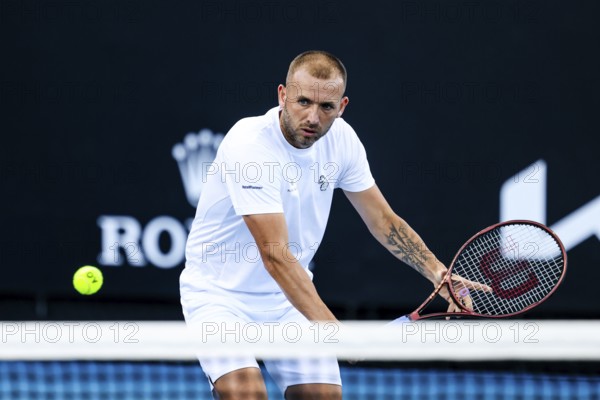MELBOURNE, AUSTRALIA, JANUARY 11: Daniel Evans of Great Britain practices ahead of the 2024 Australian Open at Melbourne Park on January 11, 2024 in Melbourne, Australia