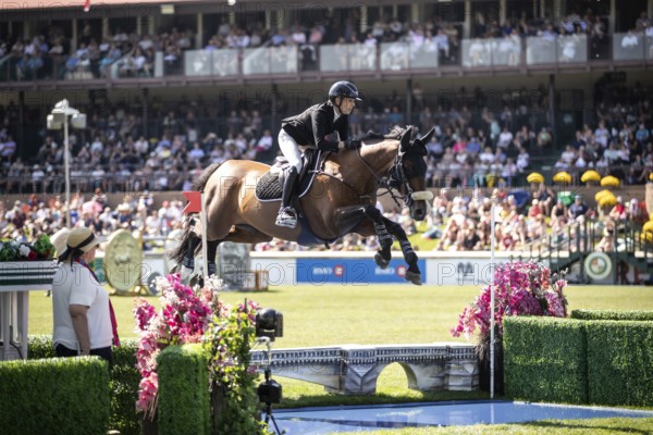 Katie Laurie of Australia and riding Django II compete in the first round of the 1.60m CPKC International during the Spruce Meadows Masters, presented by Rolex, in Calgary, Alberta, Canada, North America