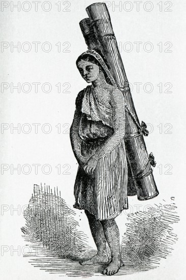 Drawing of lepcha girl carrier with a bamboo at Sikkim, India
