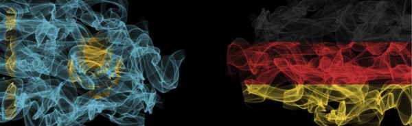 Flags of Kazakhstan and Germany on Black background, Kazakhstan vs Germany Smoke Flags