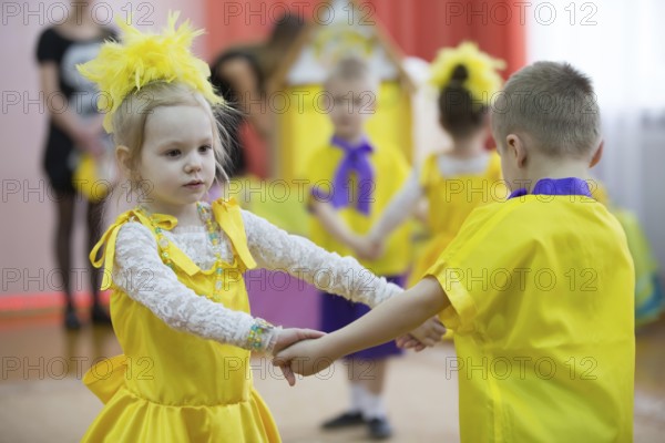 Belarus, the city of Gomel on March 2, 2018. Kindergarten for children. Children's holiday.Little children are dancing on holiday