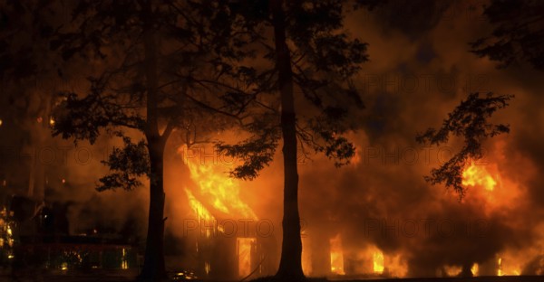 Fire consuming a building among trees at night