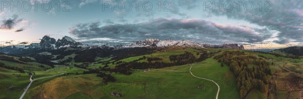 Panoramic view from the Seiser Alm to the Dolomites in Italy, drone shot