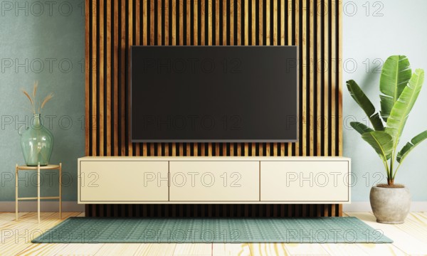 Japanese style modern living room with hanging mockup television tv on wall background. Interior and architecture concept. 3D illustration rendering