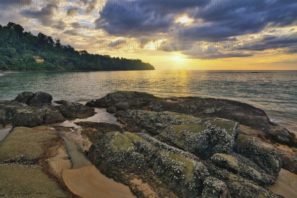 Tropical sea beach sunset with rock coast and ocean wave at Khao Lak, Phang Nga Thailand nature landscape