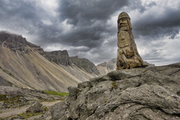Wooden sculptures at the Viking Village in Hornshöfn Iceland