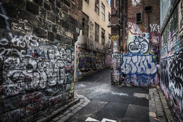 Melbourne, Australia, March 5, 2022, Architectural details in Melbourne's Flanigan Lane on a cloudy overcast day in Melbourne, Victoria, Australia