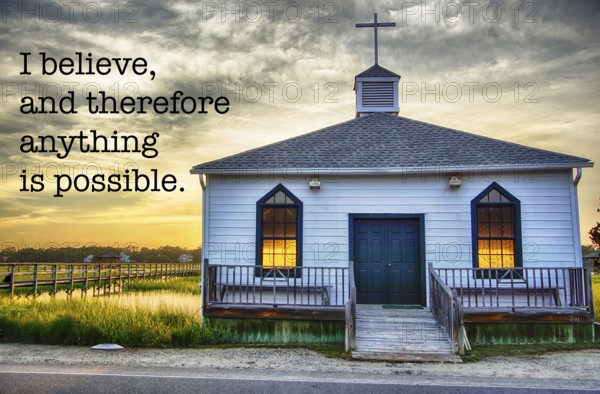 The historic chapel on Pawleys Island at sunset with motivational faith-based text