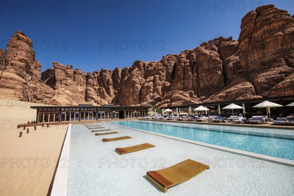 Pool and restaurant, Eco Luxury Hotel Our Habitas, Al Ula, Saudi Arabia