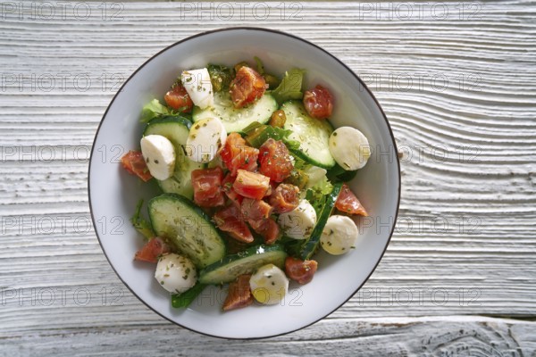 Salmon salad with mozzarella tomato cucumber on bowl