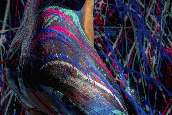 A model poses gracefully, her body adorned in vibrant body paint, with brilliant, sweeping strokes that transform her form into a living canvas. Every color and line brings her to life, Charlotte, United States of America