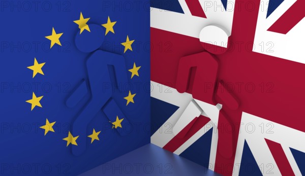 Image relative to politic situation between great britain and european union. Pedestrians icons textured by flags go away. Politic process named as Brexit metaphor