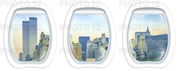 Three plane windows on New York City with World Trade Center and Twin Towers, Manhattan, United States, from a plane on the porthole windows. Copy space
