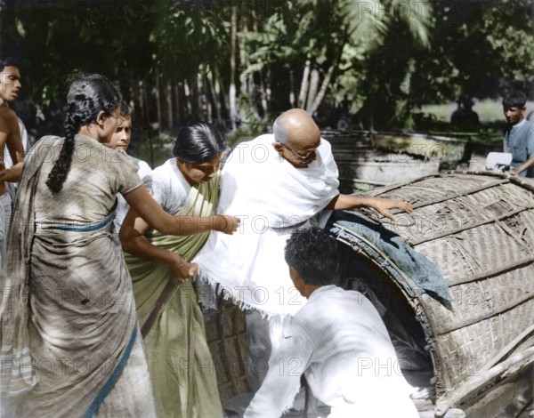 Mahatma Gandhi visiting village after Hindu Muslim riots, East Bengal, India, Asia, November 1946