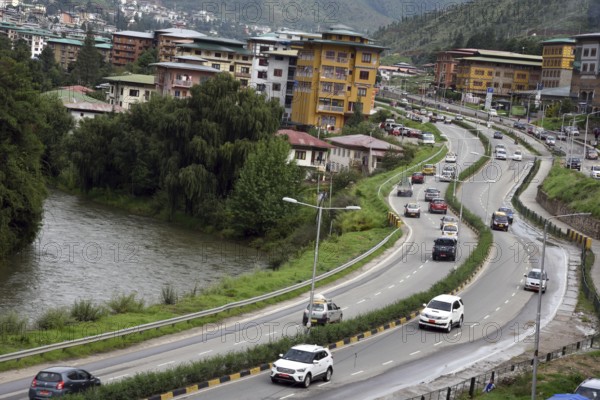 Aerial, view, capital, city, Thimphu, Bhutan, Asia