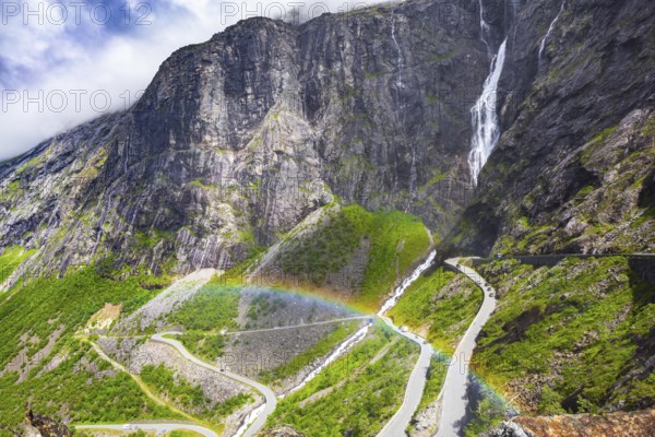 The famous Troll Staircase. Sunny summer day in the mountains of Norway. Photo taken from a drone. The mountain serpentines on a tourist camper