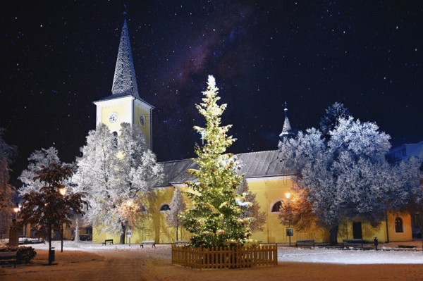 Beautiful old church on Christmas holidays with snow. Church of St. John the Baptist and St. John the Evangelist. Brno - Bystrc