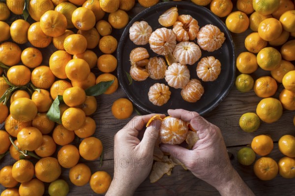 Presentation of Small peeled mandarin oranges on old wooden table