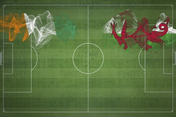 Ivory Coast vs Wales Soccer Match, national colors, national flags, soccer field, football game, Competition concept, Copy space