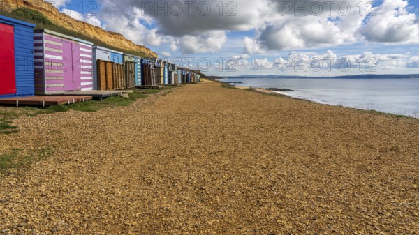 Beach Huts on the Channel Coast in Barton-on-sea, Hampshire, England, UK