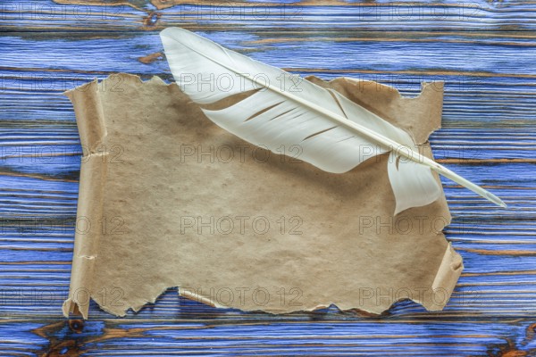 Vintage paper scroll plume on blue wooden board