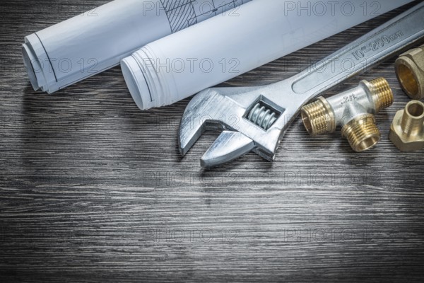 Adjustable wrench plumbing pipe connectors rolled construction drawings