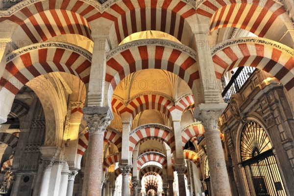 La Mezquita, Mosque, Cathedral of Cordoba, Cordoba, Andalusia, Spain, Europe, Interior with impressive Islamic arches and structures