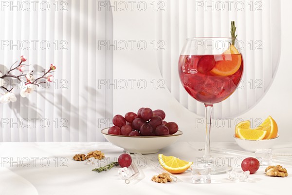 Royal lemonade cocktail with tequila, gin, rum, ice and grapes, bar and party concept, restaurant and cafe advertising card, elegant minimal background, selective focus