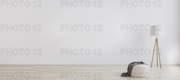 Bright room interior for mockup with wooden floor lamp, white pouf and wooden floor with white wall. Empty room interior design. White bright wall mockup. 3d rendering