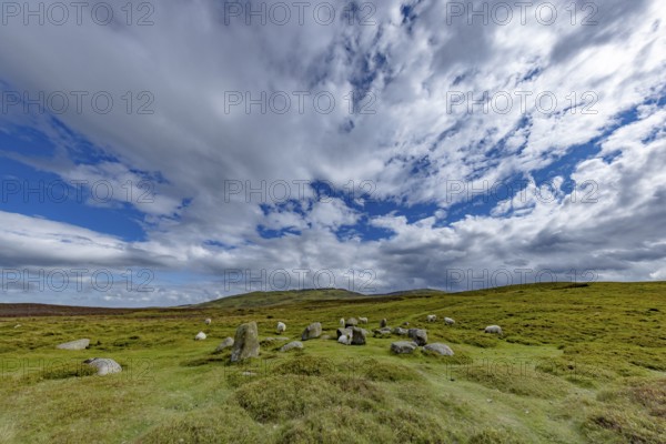 Druids Circle, stone circle in wide landscape with pastures in the mountains, Penmaenmawr, Dwygyfylchi, Caernarfonshire, Conwy County Borough, Wales, Great Britain