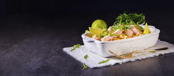 Salmon with penne noodle and arugula