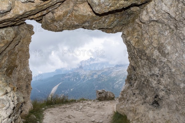 View out of a loophole of the Mount Lagazuoi tunnels, built during the First World War, the Dolomite Alps in South Tirol