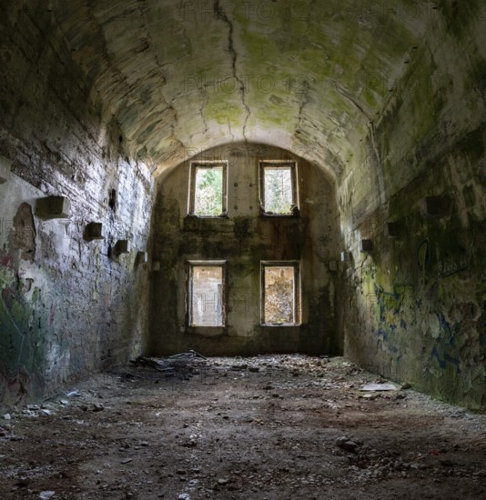 Inside the Austrian fortress Landro in the Dolomite Alps of South Tirol, an architectural remain of the border disputes between Austria and Italy