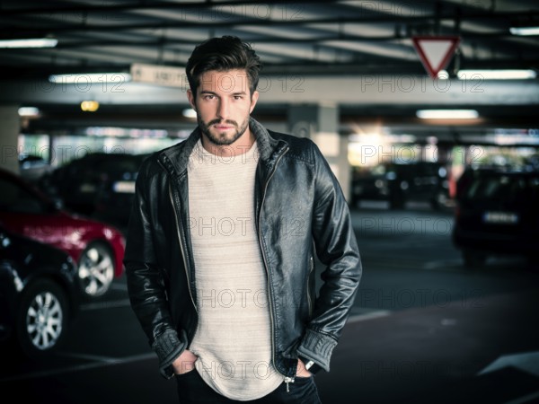 Handsome muscular man in casual clothing on background of parking