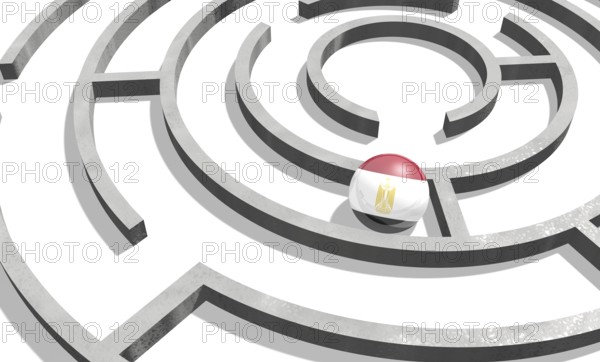 Image relative to politic situation in Egypt. National flag textured sphere in labyrinth. 3d rendering