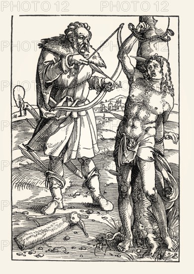 Martyrdom of Saint Sebastian, woodcut, 16th century