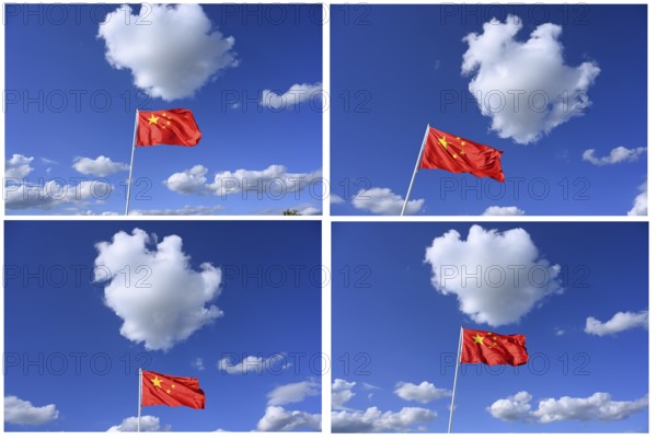 The flag of China flutters in the wind in a blue sky with white clouds