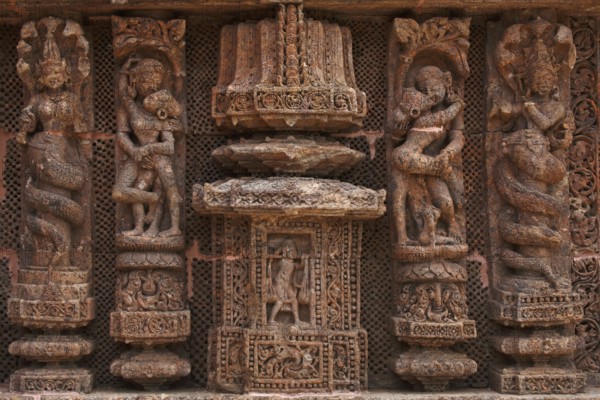 Erotic statues carved on wall of Konarak Sun temple, Orissa, India Unesco World Heritage site
