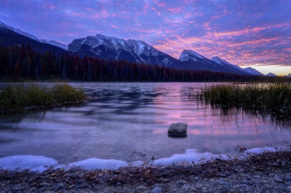 Beautiful autumn landscape scene in mountain in background in Jasper National Park west Canada