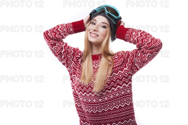 Isolated on white, look at camera, hold head, hands on head