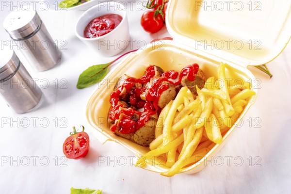 Grilled bratwurst with French fries and ketchup