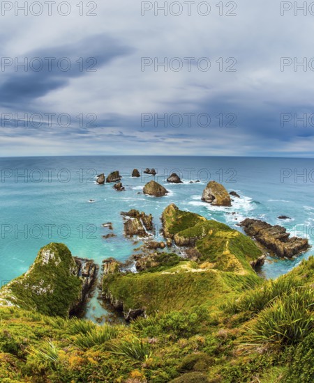South Island, New Zealand. The picturesque coast of the Pacific Ocean near Nugget Points. Big stones - rocks along the shore in the ocean surf. The concept of active, environmental and photo tourism