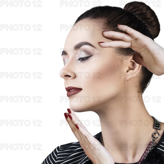Portrait of beautiful woman with bright makeup. Isolated on white