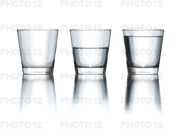 Tree water glasses empty half and full philosophy 3d illustration