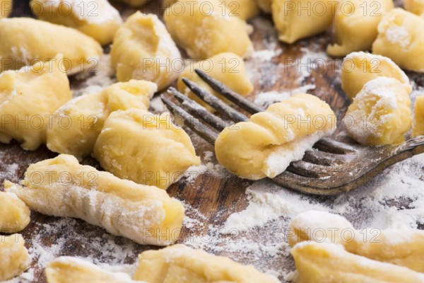 Uncooked homemade potato gnocchi with fork