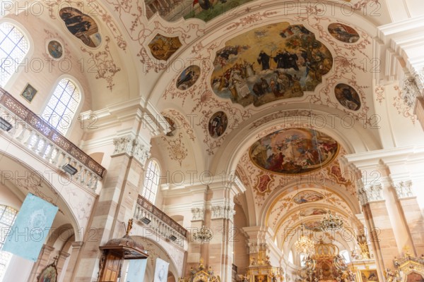 Monumental paintings of the frescoes in the nave of the Saint-Maurice abbey church. Ebersmunster, Bas-Rhin, Collectivite europeenne d'Alsace, Grand Est, France