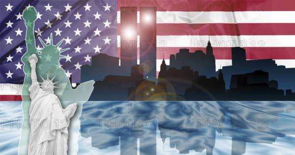 American patriotic composition of New York with Manhattan skyline and Twin Towers reflected in Hudson river, the Flag and the Statue of Liberty