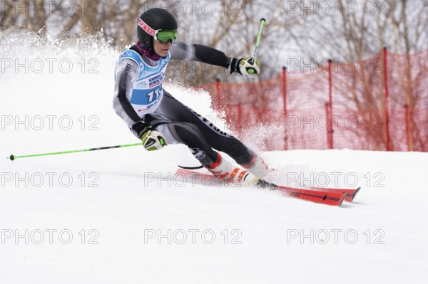 Giant slalom Russian Men's Alpine Skiing Championship. Mountain skier Pavel Nikolaev Krasnoyarsk Region skiing down snowy mountain ski slope. Kamchatka Peninsula, Russian Federation, April 2, 2019